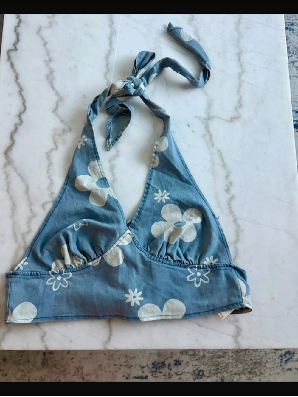 SHEIN Blue Halter Crop Top with White Floral Print
